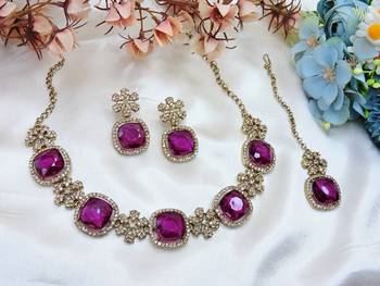 Purple yellow gold premium designer american diamond and stone work necklace set 2