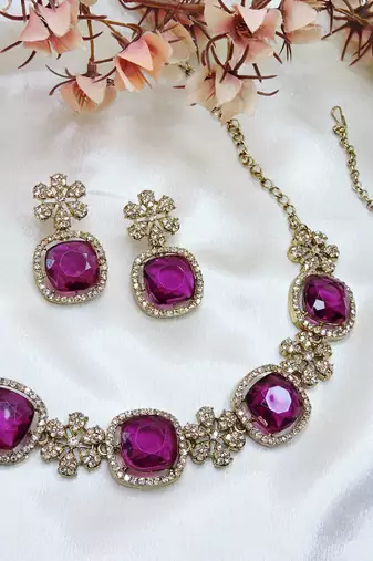 Purple yellow gold premium designer american diamond and stone work necklace set