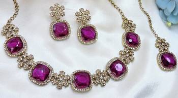 Purple yellow gold premium designer american diamond and stone work necklace set 3