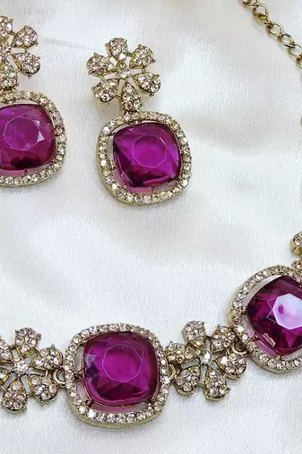 Purple yellow gold premium designer american diamond and stone work necklace set