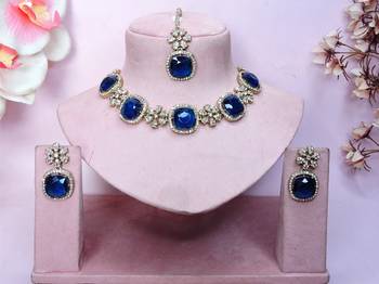 Blue yellow gold premium designer american diamond and stone work necklace set 1
