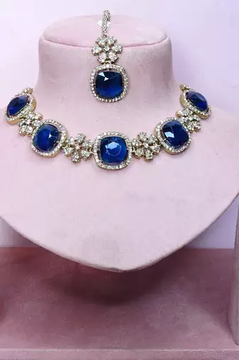 Blue yellow gold premium designer american diamond and stone work necklace set