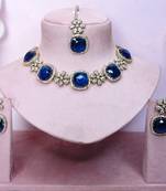 Blue yellow gold premium designer american diamond and stone work necklace set