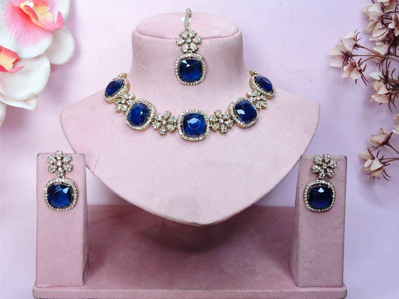 Blue yellow gold premium designer american diamond and stone work necklace set