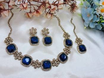 Blue yellow gold premium designer american diamond and stone work necklace set 2