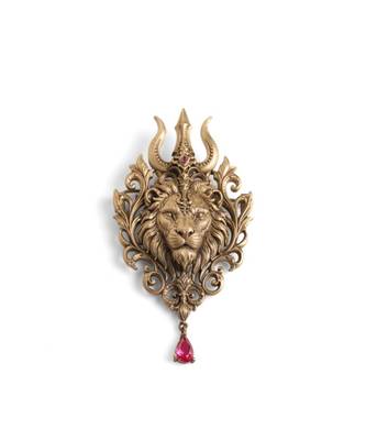 Antique gold brass lion trishul brooch 2