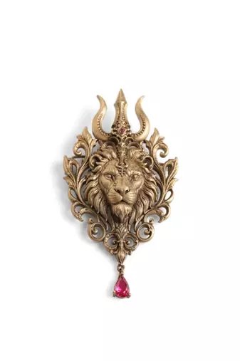 Antique gold brass lion trishul brooch