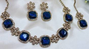 Blue yellow gold premium designer american diamond and stone work necklace set 3