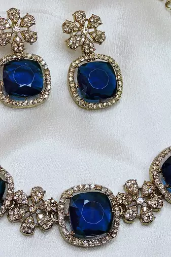 Blue yellow gold premium designer american diamond and stone work necklace set