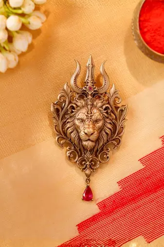 Antique gold brass lion trishul brooch