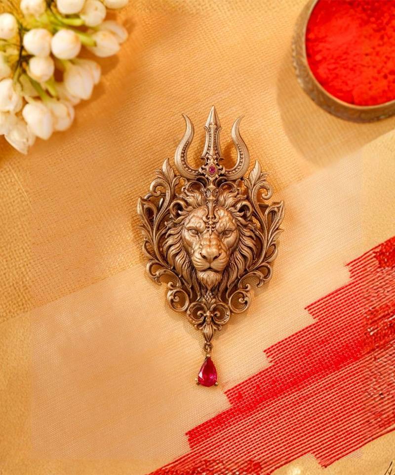 Antique gold brass lion trishul brooch