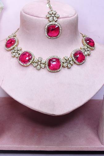 Pink yellow gold premium designer american diamond and stone work necklace set
