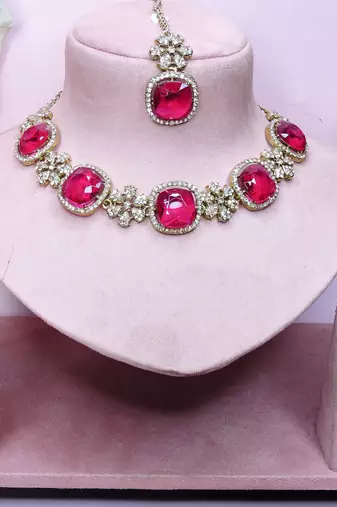 Pink yellow gold premium designer american diamond and stone work necklace set
