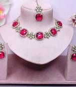 Pink yellow gold premium designer american diamond and stone work necklace set