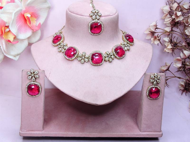 Pink yellow gold premium designer american diamond and stone work necklace set