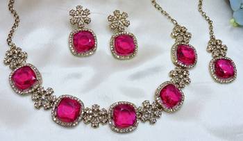 Pink yellow gold premium designer american diamond and stone work necklace set 2