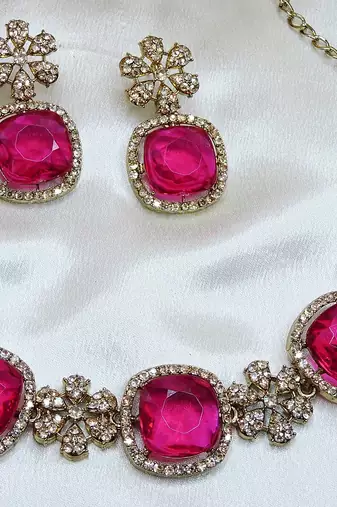 Pink yellow gold premium designer american diamond and stone work necklace set