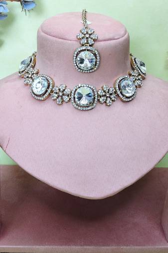 White yellow gold premium designer american diamond and stone work necklace set