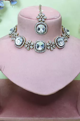 White yellow gold premium designer american diamond and stone work necklace set
