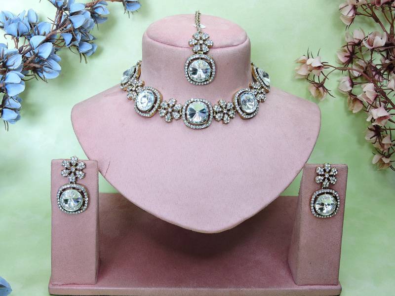 White yellow gold premium designer american diamond and stone work necklace set