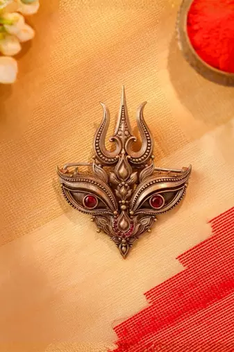 Antique gold brass divine eyes trishul brooch