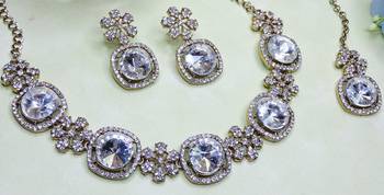 White yellow gold premium designer american diamond and stone work necklace set 3