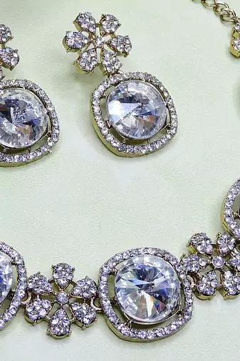 White yellow gold premium designer american diamond and stone work necklace set