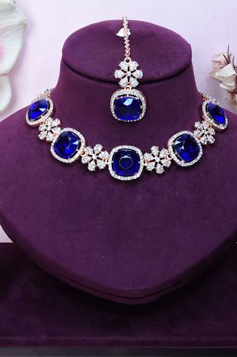 Blue rose gold premium designer american diamond and stone work necklace set
