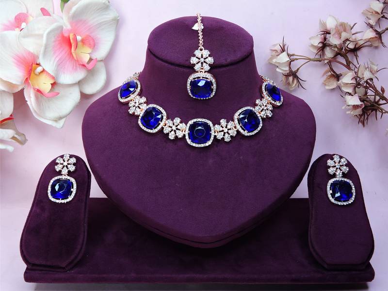 Blue rose gold premium designer american diamond and stone work necklace set