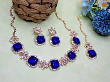 Blue rose gold premium designer american diamond and stone work necklace set 2