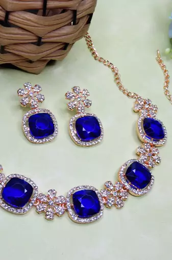 Blue rose gold premium designer american diamond and stone work necklace set