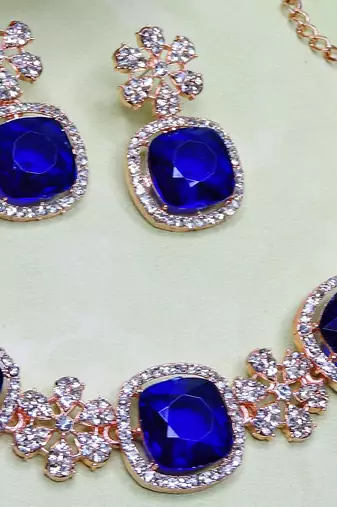 Blue rose gold premium designer american diamond and stone work necklace set