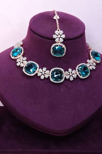 Green rose gold premium designer american diamond and stone work necklace set