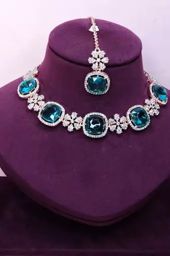 Green rose gold premium designer american diamond and stone work necklace set