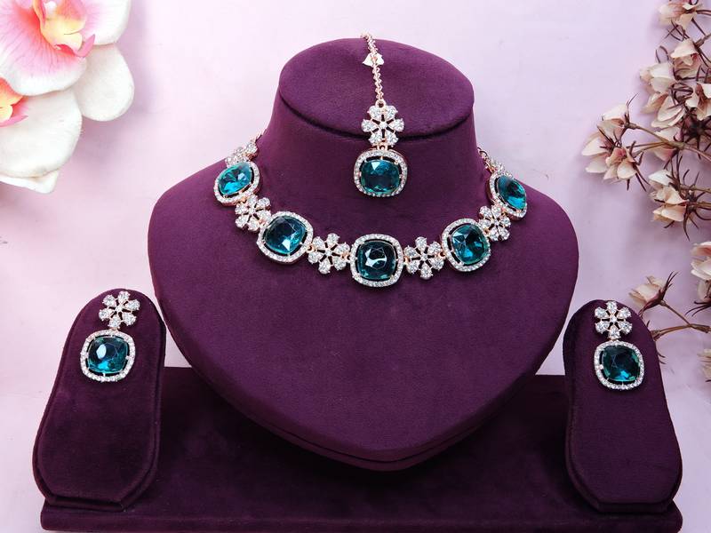 Green rose gold premium designer american diamond and stone work necklace set