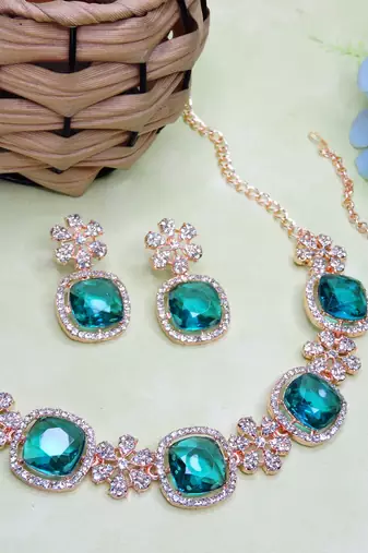 Green rose gold premium designer american diamond and stone work necklace set