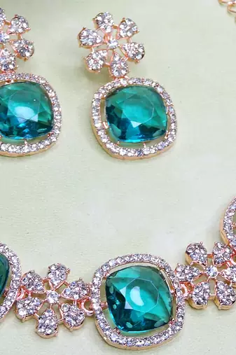 Green rose gold premium designer american diamond and stone work necklace set