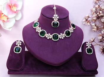 Green rose gold premium designer american diamond and stone work necklace set 1
