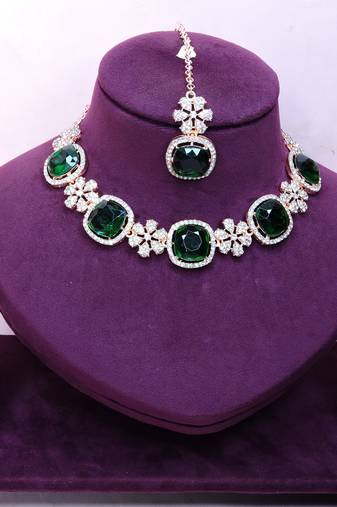 Green rose gold premium designer american diamond and stone work necklace set