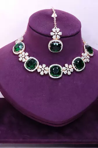 Green rose gold premium designer american diamond and stone work necklace set