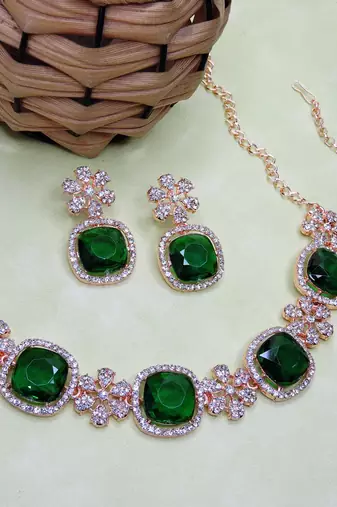 Green rose gold premium designer american diamond and stone work necklace set