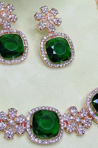 Green rose gold premium designer american diamond and stone work necklace set