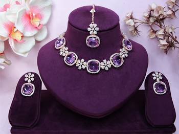 Purple rose gold premium designer american diamond and stone work necklace set 1