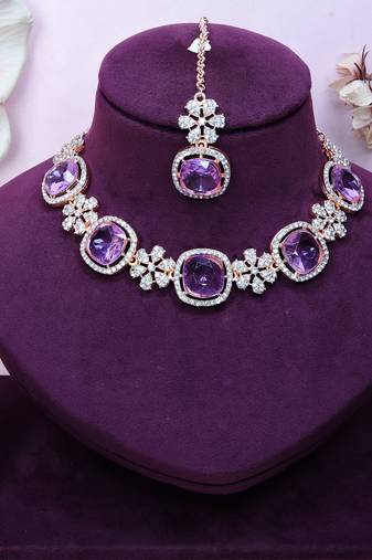 Purple rose gold premium designer american diamond and stone work necklace set