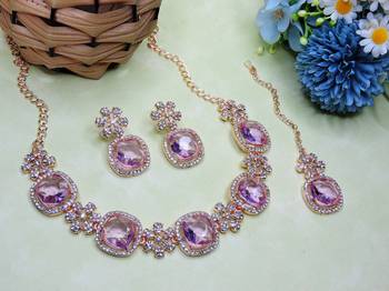 Purple rose gold premium designer american diamond and stone work necklace set 2