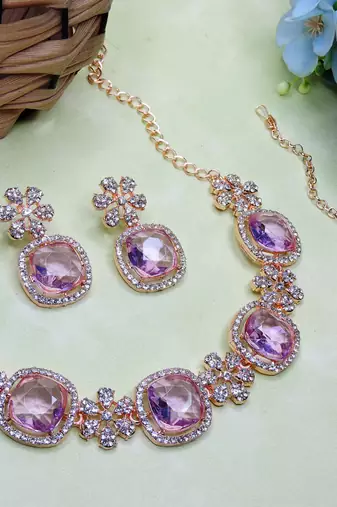 Purple rose gold premium designer american diamond and stone work necklace set