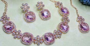 Purple rose gold premium designer american diamond and stone work necklace set 3