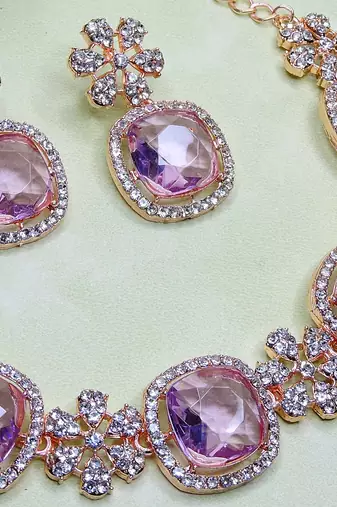 Purple rose gold premium designer american diamond and stone work necklace set