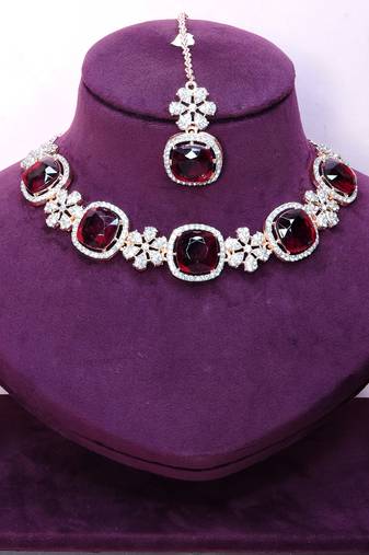 Maroon rose gold premium designer american diamond and stone work necklace set