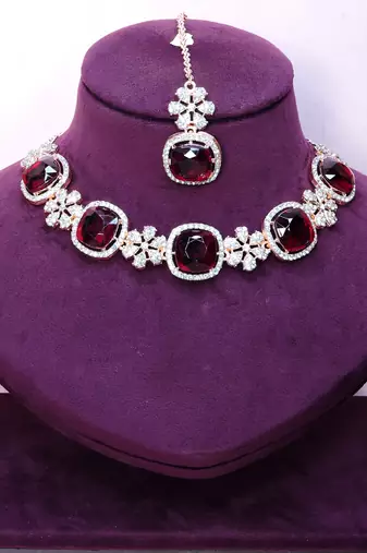 Maroon rose gold premium designer american diamond and stone work necklace set